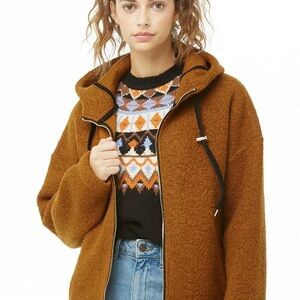 Forever 21 Women's Chestnut Brown Hooded Teddy Jacket